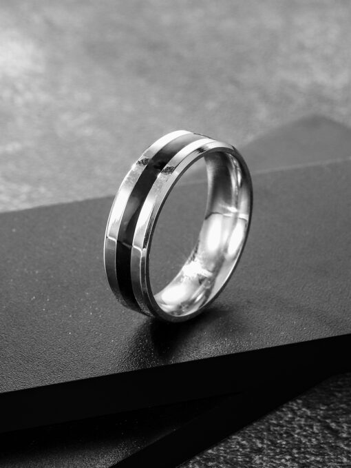 Men's Stainless Steel Black Lined Silver Ring