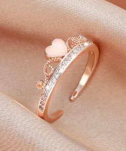 Adjustable Sparkling Rose Gold Crown Heart Ring