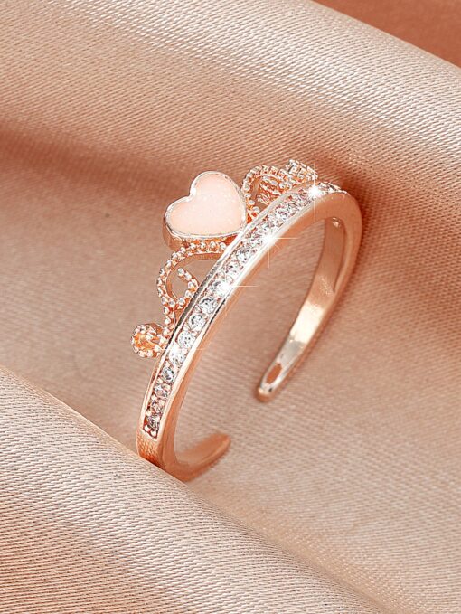 Adjustable Sparkling Rose Gold Crown Heart Ring