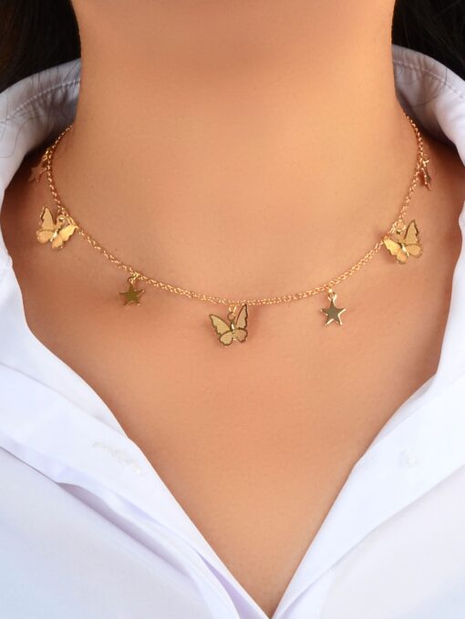 Gold Necklace Butterfly & Star Charm