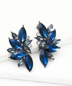 Deep Blue Sparkling Winged Leaves Stud Earrings