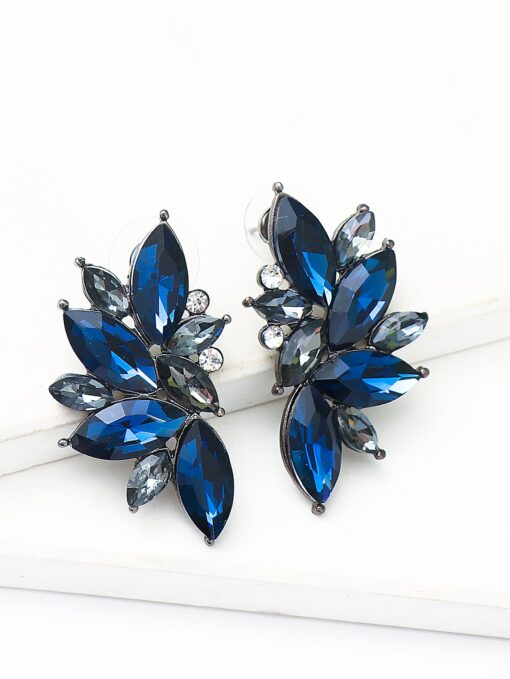 Deep Blue Sparkling Winged Leaves Stud Earrings